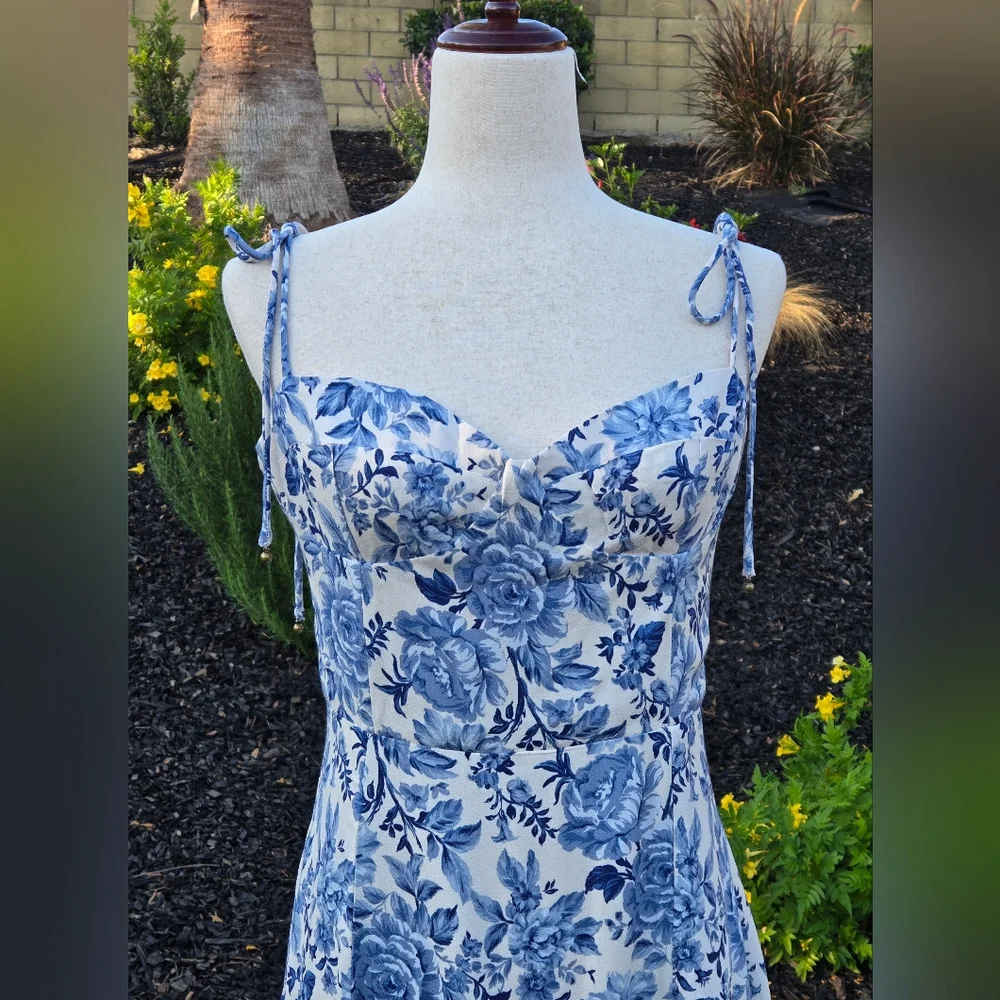 ​Petal & Pup Blue Floral Tie Strap Midi Dress Smocked Back Front Side Slit - Picture 2 of 16